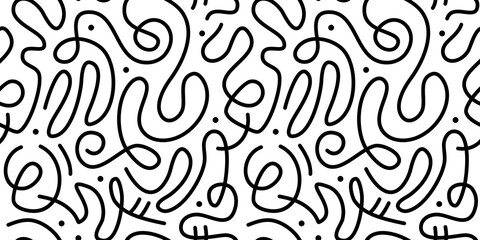Leinwandbilder - Fun black and white line doodle seamless pattern. Creative abstract squiggle style drawing background for children or trendy design with basic shapes. Simple childish scribble wallpaper print.