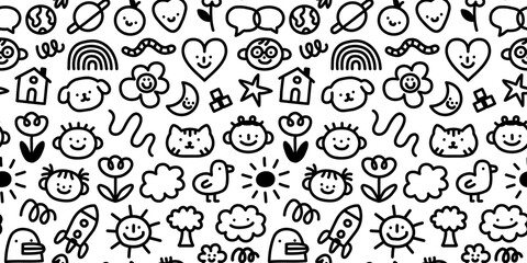 Funny black and white children doodle icon seamless pattern. Cute happy kid drawing symbol wallpaper print, education conept background illustration texture.	