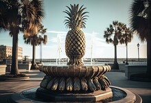 A Pineapple Fountain Spouting Water At Charleston's Waterfront On A Clear Day. Generative AI
