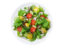 Plate Of Salad With Fresh Vegetables Isolated On Transparent Background, Top View