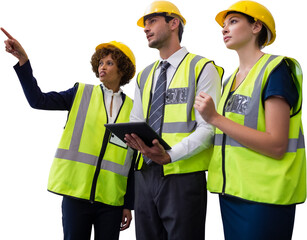 Poster - Architects in reflective clothing looking away while tablet computer