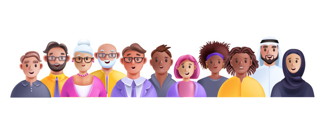 3D diverse people avatar set, business person vector group, multicultural character student crowd. Office team, happy man, smiling woman cartoon society concept. Diverse people community work banner