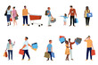 © Flash Vector - Shoppers flat vector characters set. Buyers with purchases, consumers buying products isolated cliparts pack on white background. Cartoon people holding paper shopping bags illustrations