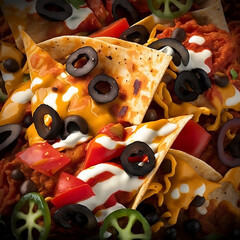Wall Mural - Cheese Nachos meal with olives and beef and tomatoes