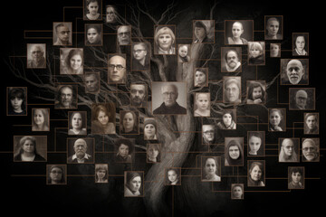 Family tree with portraits of relatives. Genealogical history of generations, preservation of the memory of relatives. Created with Generative AI