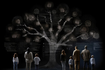 Younger generation stands in front of family tree with portraits of relatives. Genealogical history of generations, preservation of the memory of relatives. Created with Generative AI