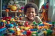 African American boy playing with colorful building blocks, showcasing creativity, learning, and development through play and imagination, generative ai