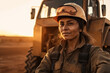 © Jose Luis Stephens - Woman working in the construction industry. Composite with different elements made with generative AI