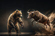 Stock market concept represented in the bull and bear fight. Composite with different elements made with generative AI