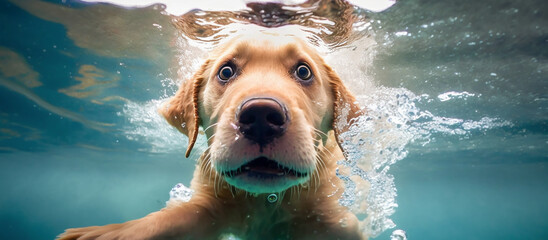 Funny underwater picture of puppies in swimming pool playing deep dive action training game with family pets and popular dog breeds during summer holidays. recreation, relax, generate by AI