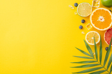 Wall Mural - Sunny citrus concept. Top view of fresh orange, lemon, lime, and grapefruit slices with palm leaves on a bright yellow background with empty space for branding