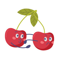 Sticker - Funny Red Cherry Character Hanging in Pair on Stem Vector Illustration