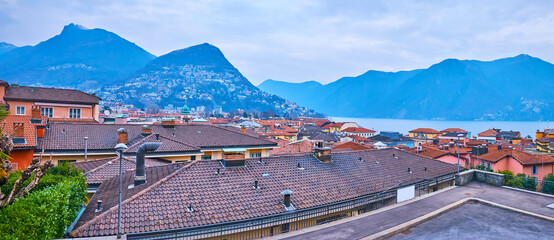 Canvas Print - Panoramic cityscape of Lugano with mountains, Ticino, Switzerland