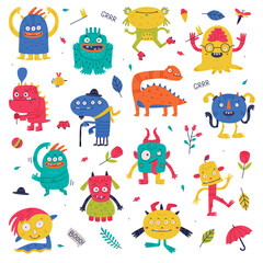 Wall Mural - Funny Monster with Horns and Toothy Mouth Vector Set