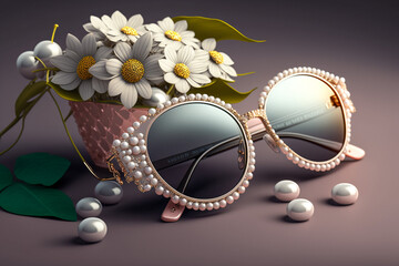 Glamour female sunglasses on the table. Super photo realistic background. Generative ai illustration