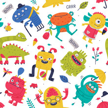 Funny Monster With Horns And Toothy Mouth Vector Seamless Pattern