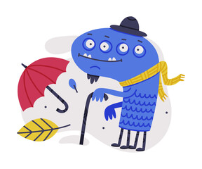 Sticker - Funny Blue Monster with Many Eyes Wearing Hat and Scarf Walking with Cane Vector Illustration