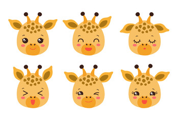 Cute giraffe emoji icon set. Messenger emoticon. Safari animal icons. Kawaii giraffe emoji smile happy facial expressions. Cartoon animals vector signs. Kawaii anime comic style giraffe culf isolated.