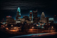 Nighttime Skyline Of Charlotte, North Carolina. Generative AI