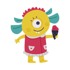 Canvas Print - Funny Yellow Monster with One Eye Holding Ice Cream Vector Illustration