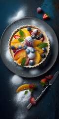 Wall Mural - On the platter sits a handmade fruit dessert coated with icing sugar. Generative AI