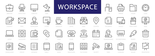 workspace & office thin line icons set. office and workspace editable stroke icon collection. worksp