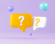© Bahaddin - 3d rendering illustration bubble chat icon question mark yellow. 3d question mark on speech bubble icons. FAQ symbol concept. Have a question, question answer sign. 3d render.