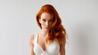 Illustration on white woman with red hair wearing white bra. White background. Generative AI.