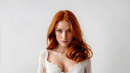 Young adult wearing white dress on empty wall with mock up. Red, wavy hair, Generative AI.