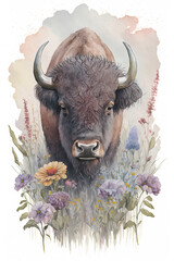Wall Mural - Bison Buffalo surrounded by flowers watercolor, Generative AI