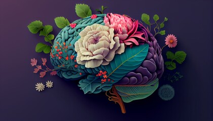 Human brain with blooming flowers, mental health concept, positive thinking, creative mind. Generative AI illustration