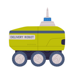 Poster - Unmanned Delivery Robot Wheeled Machine as Future Technology Device Vector Illustration