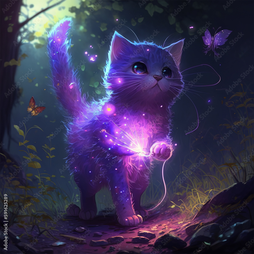 Magic cat in fantasy forest Stock Illustration | Adobe Stock