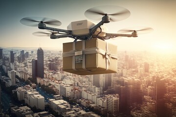 Wall Mural - Cargo delivery drone flies over a large city. Generative AI.