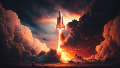 Wall Mural - Powerful missile launching into a pillar of flame Generative AI