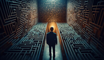 A business man standing inside a large labyrinth. Based on Generative Ai.