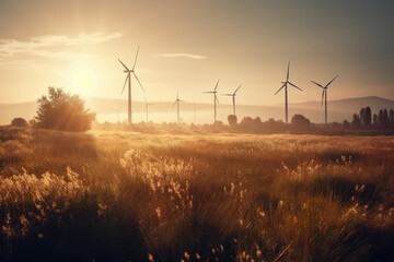 Wall Mural - wind turbines in the field at sunset created with Generative AI technology