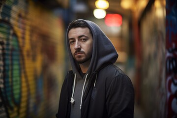 Portrait of a young man in a hoodie in the city