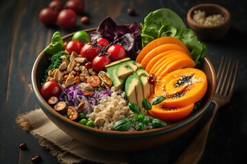 Wall Mural - Vegetarian Buddha bowl salad with fruit and vegetables. Generative AI