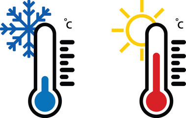 Hot and cold meteorology thermometers on transparent background. Blue and red thermometers. Vector illustration