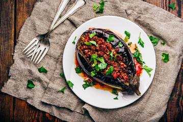 Eggplant stuffed with ground beef and tomatoes