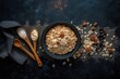 Nutritious munchies Top-down view of oats, granola, and flaxseed on a dark backdrop, with room for copy. Generative AI