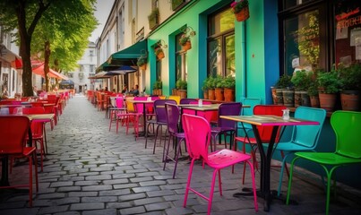 Poster -  a row of colorful tables and chairs on a cobblestone street.  generative ai