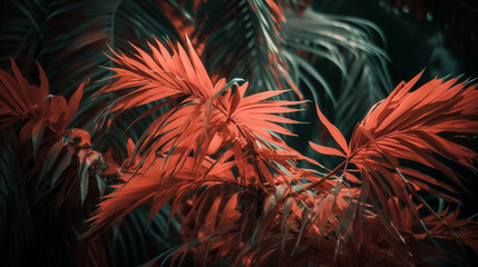 Wall Mural - branches of palm trees toned in living coral Generative AI