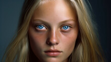 Blonde Young Woman With Bright Blue Eyes. Generative AI