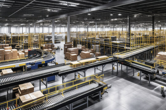 a logistics hub with a network of conveyor belts and automated sorting machines, packages and parcel