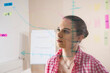 © Designpics - Young Businesswoman Working in Office Looking at Plans Displayed on a Glass Board