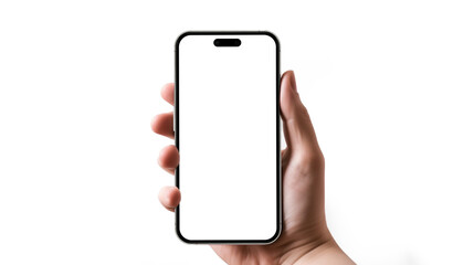 Leinwandbilder - High quality smartphone mockup with isolated background. Hand holding the black smartphone. Smart phone mockup collection. Device front view. 3D mobile phone with shadow on white background.