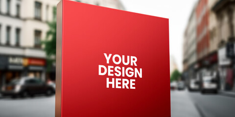 Red square signboard mockup in outside for logo design, brand presentation for companies, ad, advertising, shops.