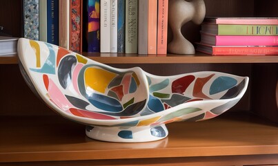 Poster -  a colorful bowl sitting on top of a wooden table next to a book shelf.  generative ai